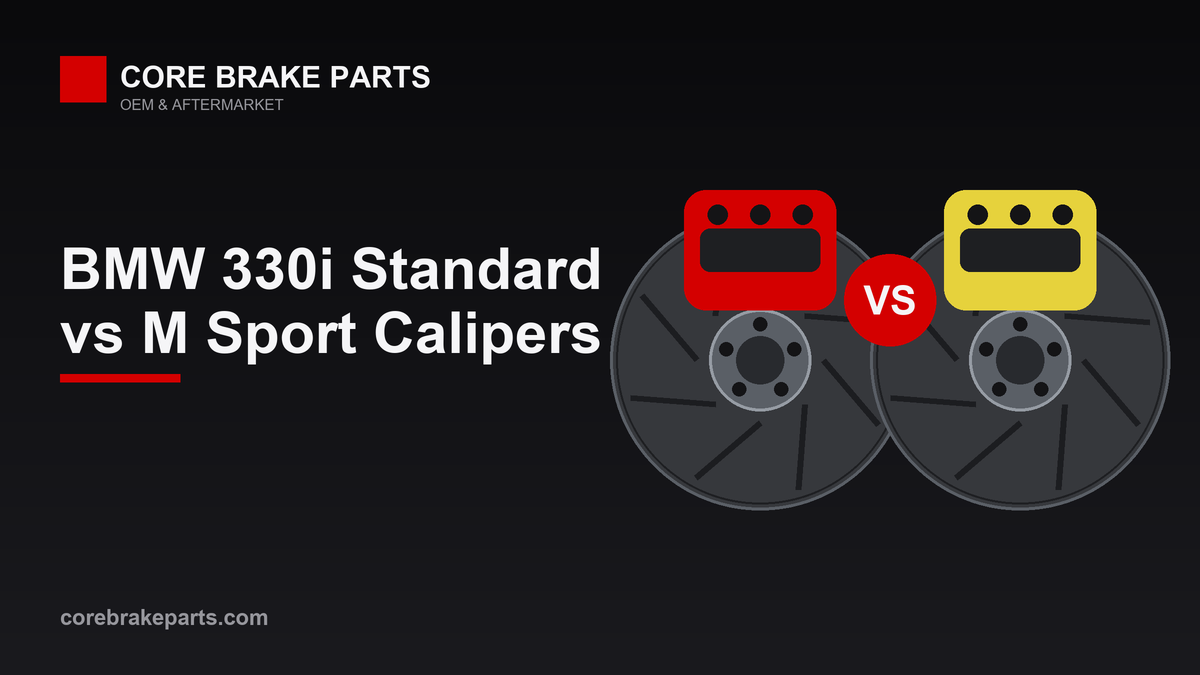 Illustration comparing a single-piston sliding brake caliper with a four-piston fixed caliper for the BMW 330i