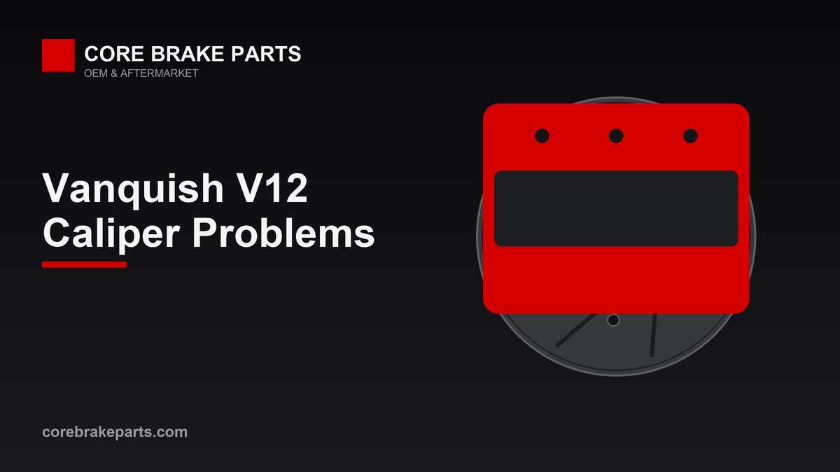 Four-piston brake caliper over a vented drilled rotor, illustrating Aston Martin Vanquish caliper problems