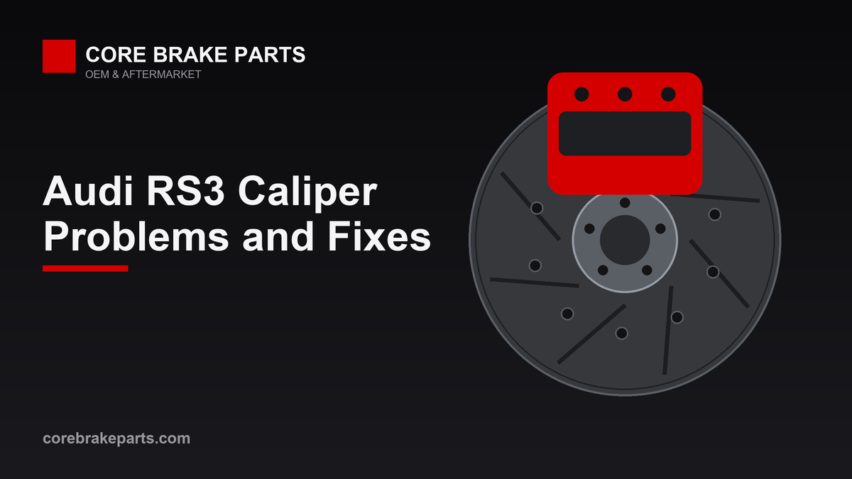 Multi-piston brake caliper over a large drilled rotor, illustrating Audi RS3 caliper problems and replacement