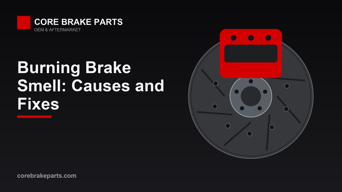 Brake caliper clamping a disc rotor, illustrating overheated or dragging brakes that cause a burning smell