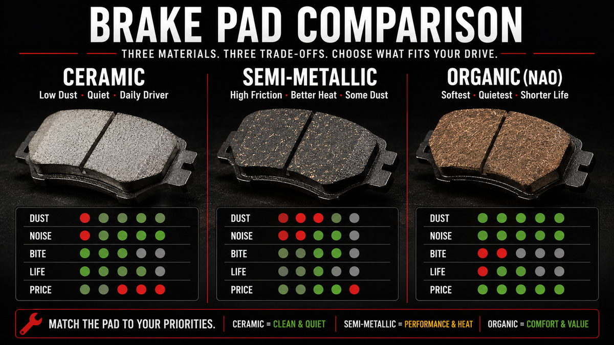 Brake pad friction material comparison — ceramic vs semi-metallic vs organic side by side