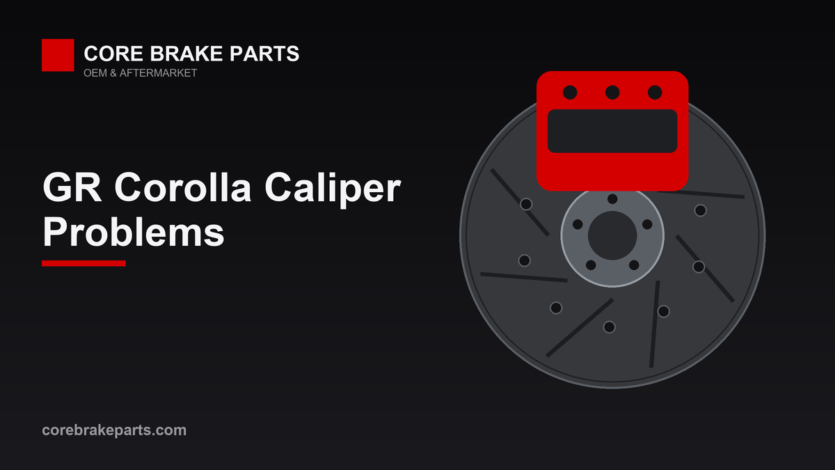 Fixed opposed-piston brake caliper over a slotted rotor, illustrating Toyota GR Corolla caliper diagnosis