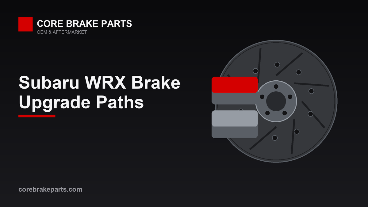Diagram of a performance brake kit showing caliper, slotted rotor and pads for a Subaru WRX brake upgrade