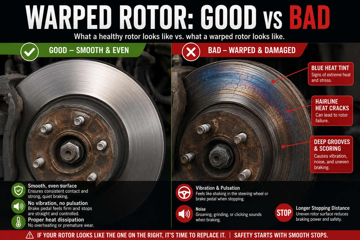 Warped brake rotor comparison — clean vs blue heat tint and hairline cracks
