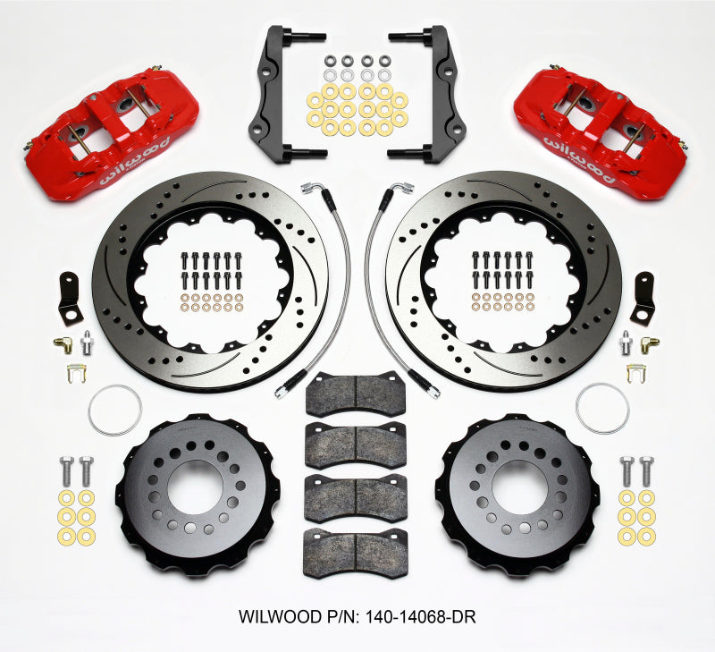 Wilwood AERO4 Rear Big Brake Kit 14.25 Inch Drilled Rotors Red with Lines - 2014-Up Dodge Challenger