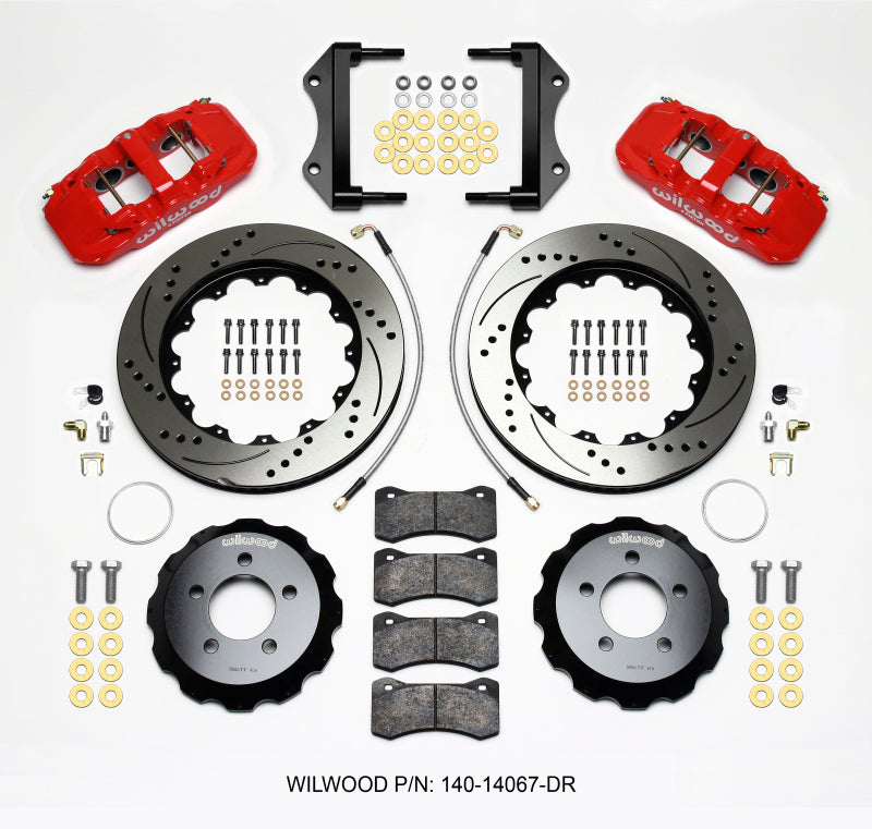 Wilwood AERO6 Front Hat Big Brake Kit 140-14067-DR 14.25in Drilled Rotors Red with Lines - Dodge Challenger