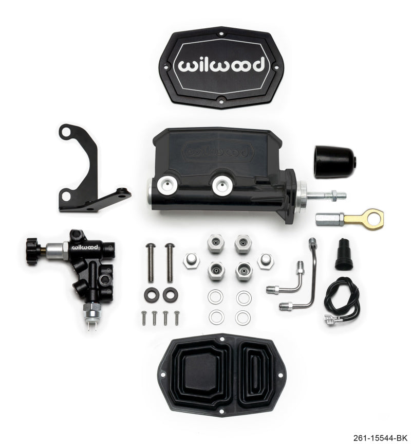 Wilwood Compact Tandem Master Cylinder 261-15544-BK - 1 in Bore with Bracket and Valve, Mustang Pushrod, Black