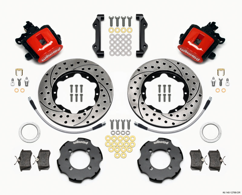 Wilwood Combination Parking Brake Rear Kit 140-12768-DR - 11in Drilled Rotors, Red, with Lines - 2012 Fiat 500
