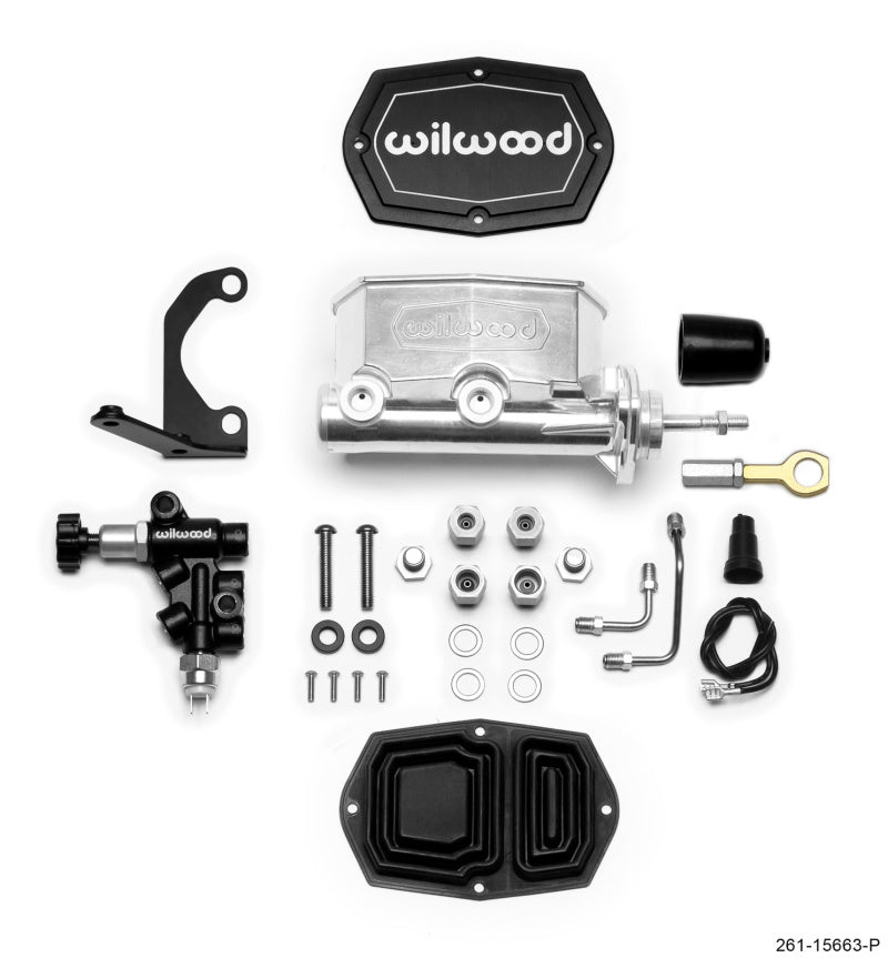 Wilwood Compact Tandem Master Cylinder 7/8 in Bore, RH Bracket and Valve, Ball Burnished Finish, Mustang Pushrod - 261-15663-P