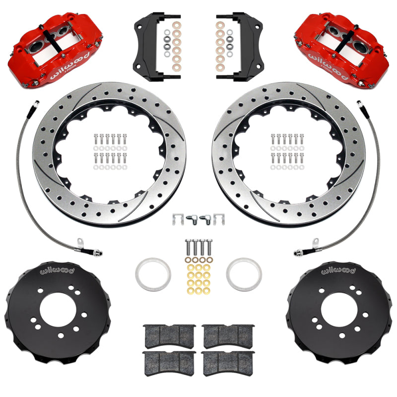 Wilwood Superlite 6R Front Big Brake Kit 12.88in Drilled and Slotted Rotors Red Calipers Flexlines - 1995-1998 Nissan Skyline