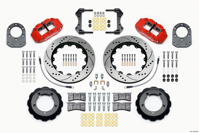 Wilwood Narrow Superlite 4R Front Big Brake Kit 14.00in Drilled Rotors Red Calipers with Lines - 1966-1975 Ford Bronco Dana 30/44