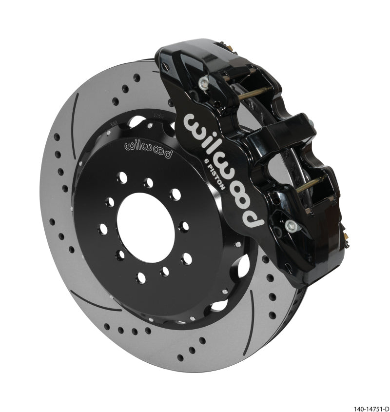 Wilwood AERO6 Front Hat Big Brake Kit 140-14751-D 14.00in Drilled Rotors Black with Lines - 2000-2006 BMW M3 E46