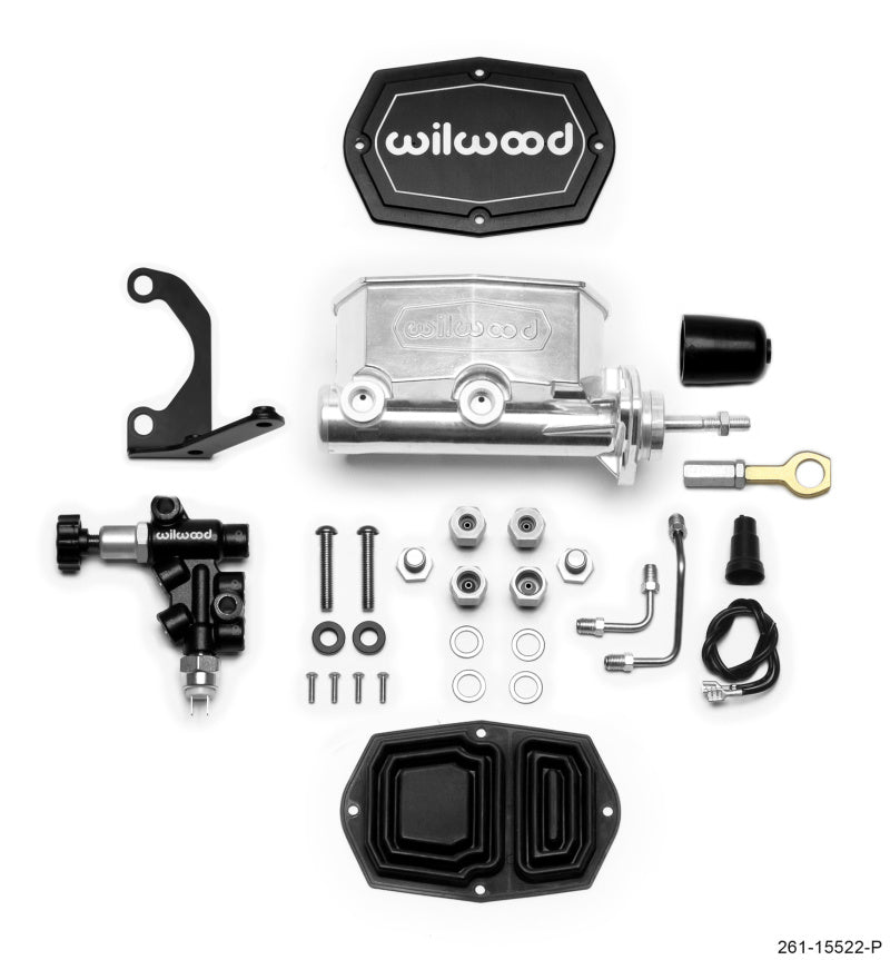 Wilwood Compact Tandem Master Cylinder 7/8 in Bore, Bracket and Valve, Ball Burnished Finish, Mustang Pushrod - 261-15522-P