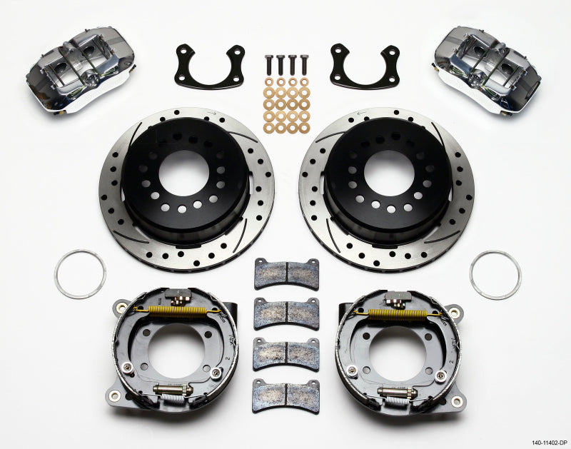 Wilwood 140-11402-DP DynaPro Low-Profile Rear Parking Brake Kit - 11.00in Drilled Rotors, Polished 4-Piston Calipers, Big Ford 2.36in Offset