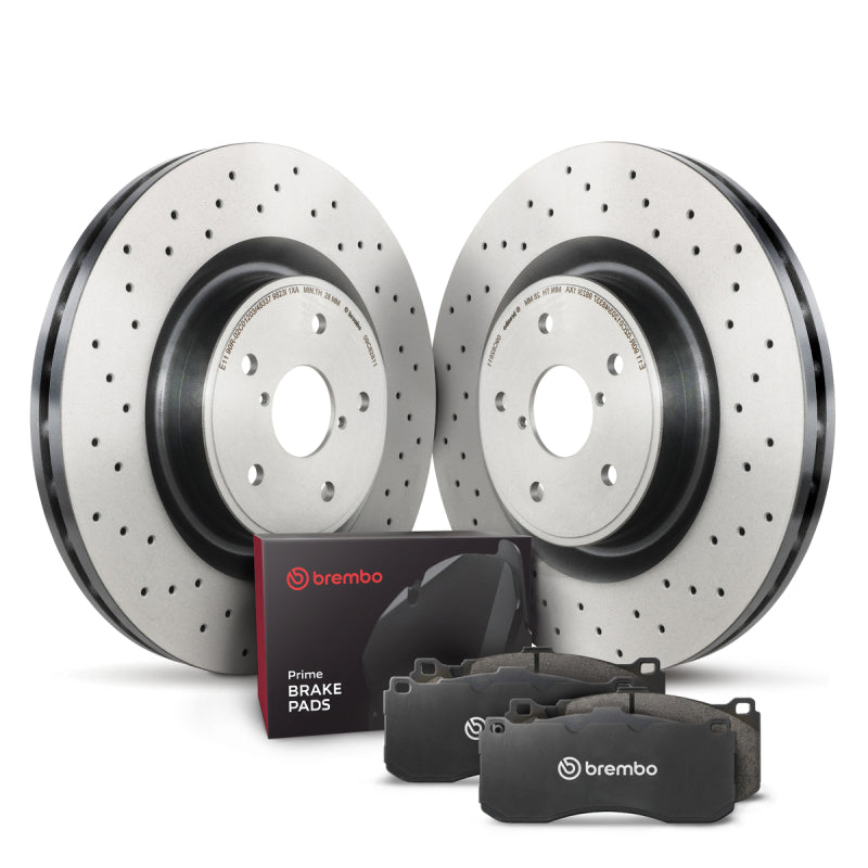Brembo OE Front Disc Brake Kit KT04445 - UV Coated Drilled Vented Rotors with Prime Low-Met Pads and Hardware