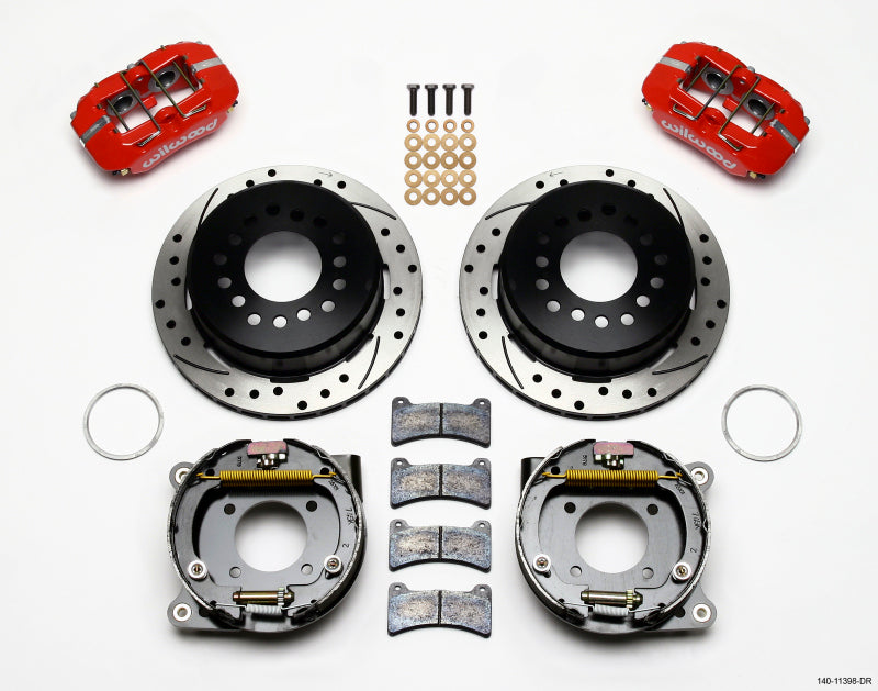 Wilwood 140-11398-DR Dynapro Low-Profile Rear Parking Brake Kit - 4-Piston Calipers, 11.00in Drilled Rotors, Red - Chevrolet 12-Bolt 2.75in Offset