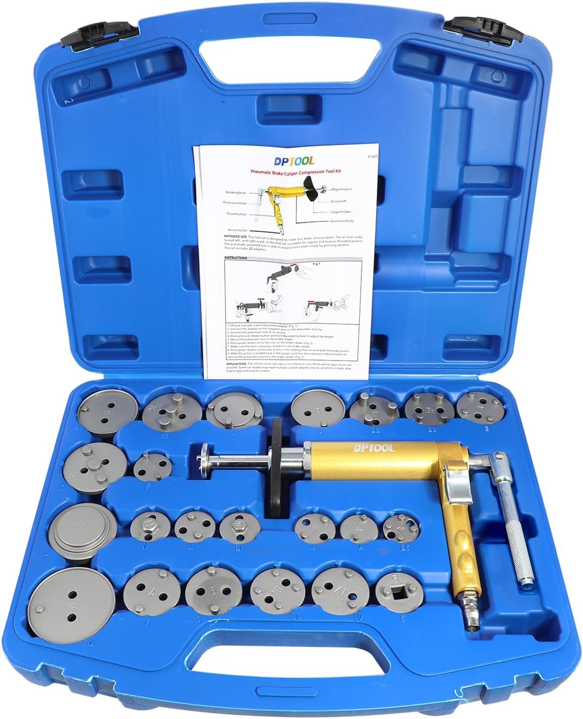 Pneumatic Brake Caliper Compression Tool Kit - 23 Piece with 22 Adapters