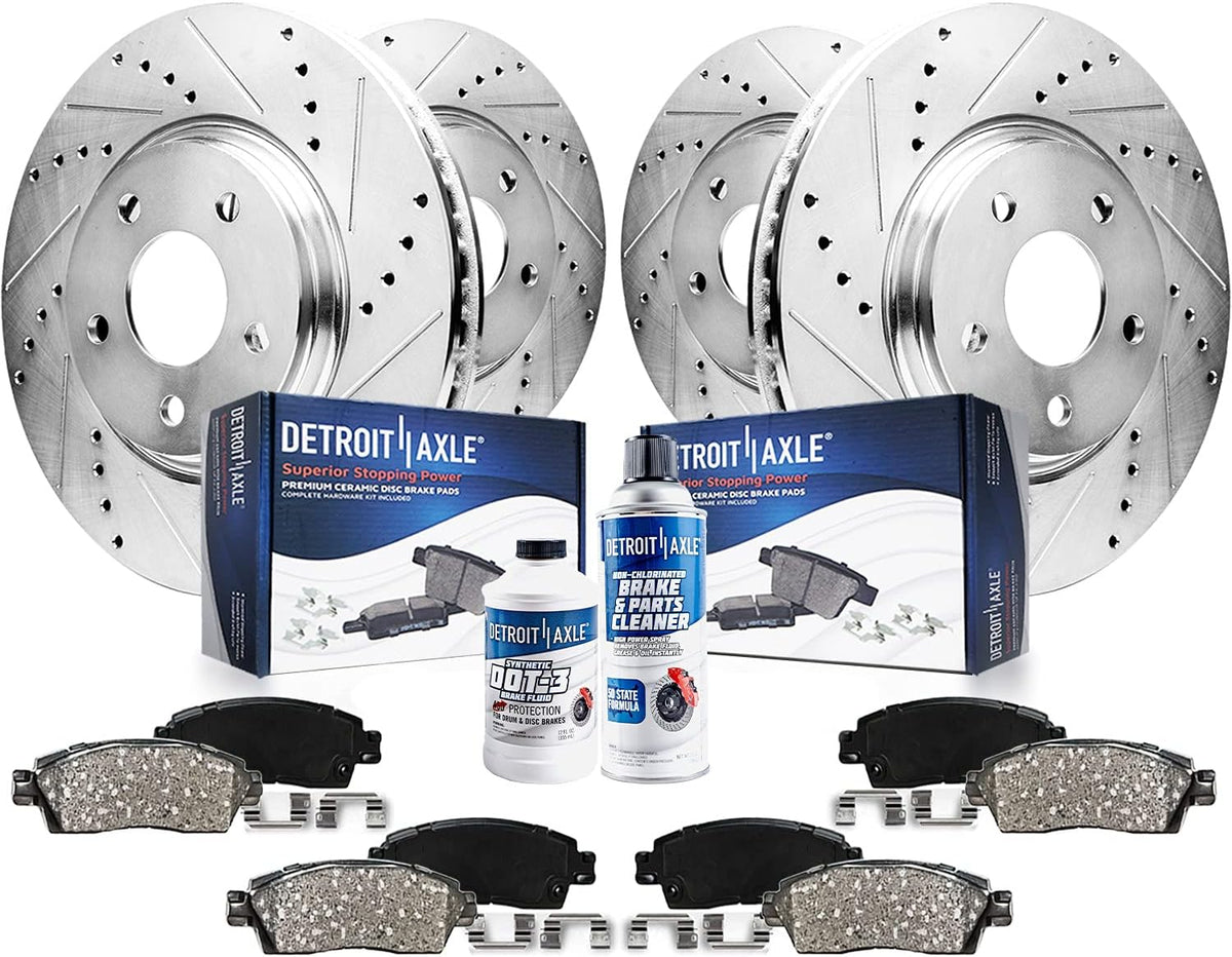 2011-2014 Ford Mustang Front and Rear (F+R) Drilled and Slotted Brake Rotors and Ceramic Pads Kit - Detroit Axle