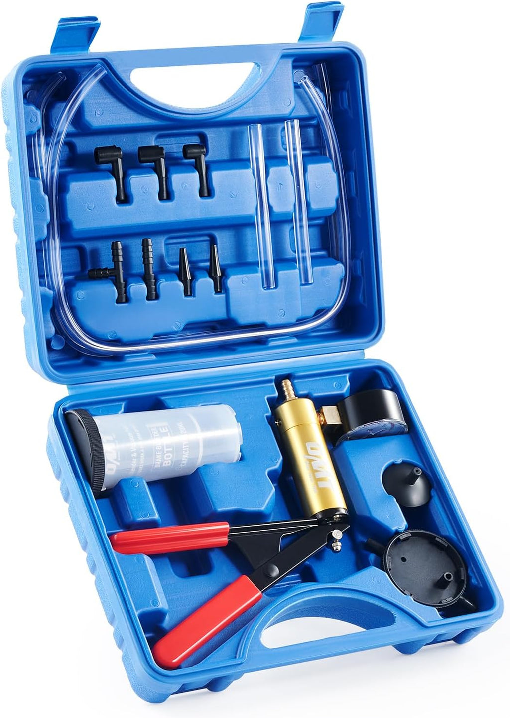 One-man brake bleeder kit with hand vacuum pump and dial gauge