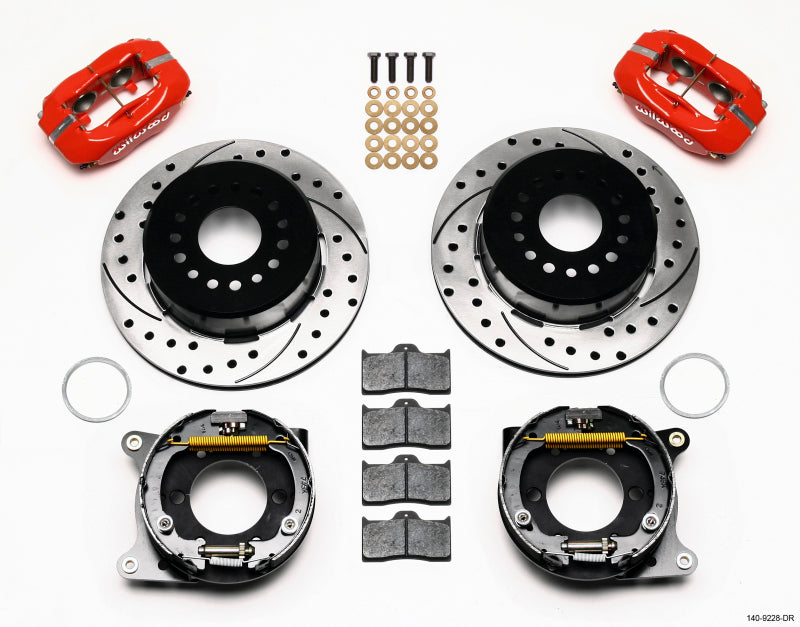 Wilwood 140-9228-DR Forged Dynalite Pro Series Rear Parking Brake Kit 4-Piston 12.19 in Drilled Red - 2005-2014 Ford Mustang 8.8 Axle