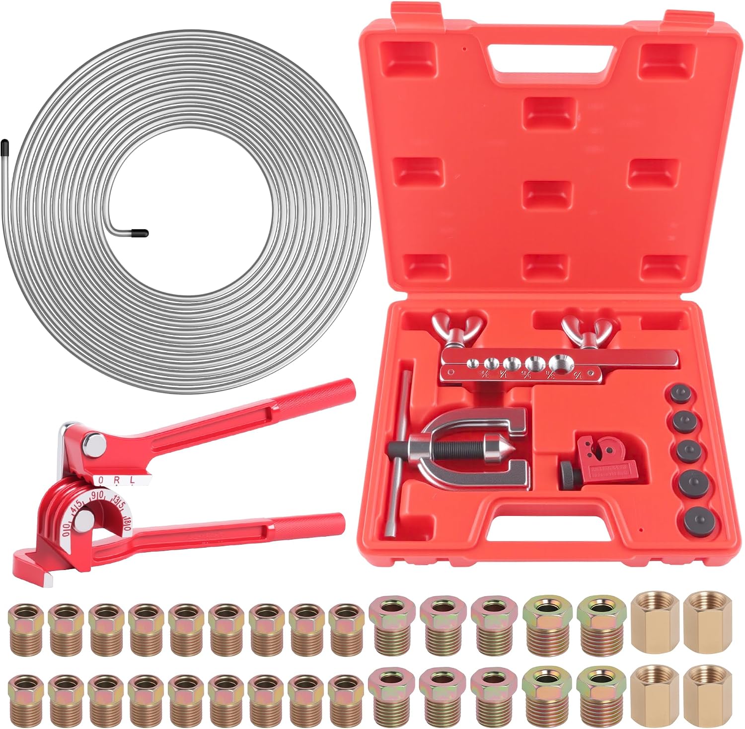 Brake Line Repair Kit - 1/4 Inch with 25ft Zinc Line, Flaring Tool, 32 Fittings