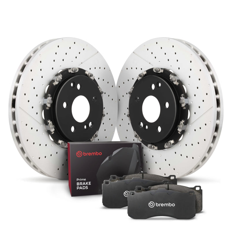 Brembo OE KT04373 Front Disc Brake Kit - Low-Met Pads and Drilled Slotted Floating PVT Rotors