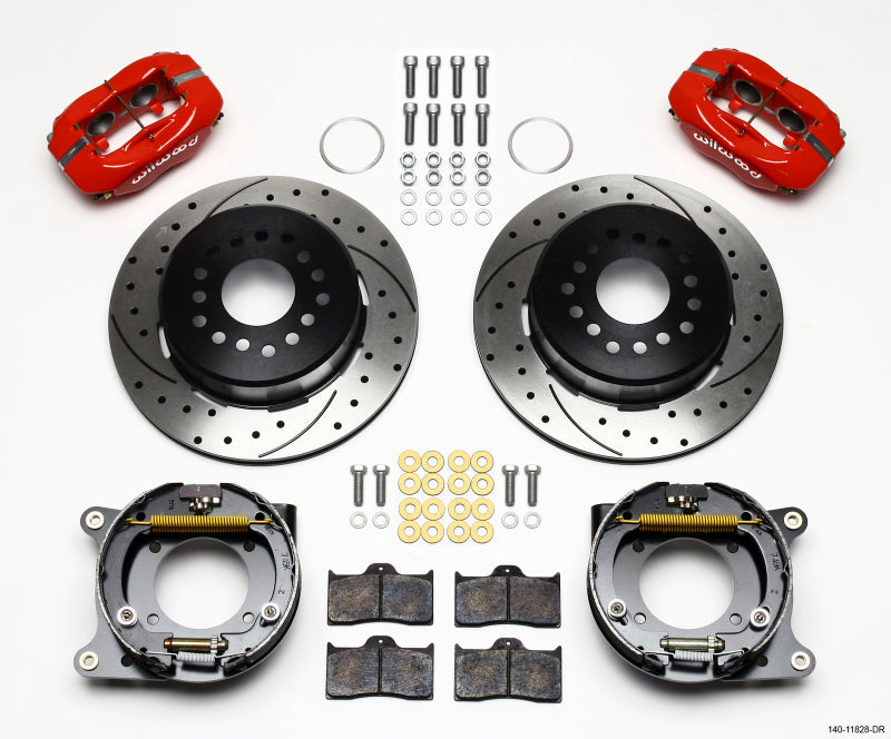 Wilwood 140-11828-DR Forged Dynalite Rear Disc Brake Kit with Parking Brake - Drilled 1-Piece Rotors, Red - 1959-1964 Impala / 1957-1962 Corvette