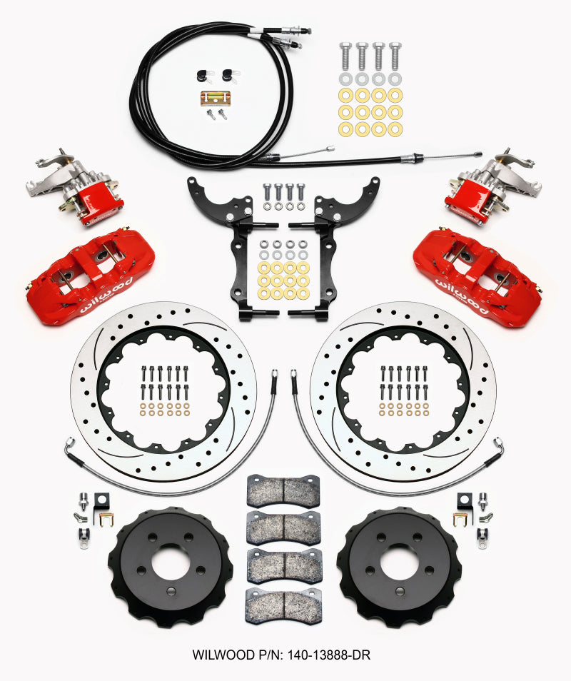 Wilwood AERO4 / MC4 Rear Big Brake Kit 14.00 Inch Drilled Rotors Red with Lines and Cables - 2015-2023 Ford Mustang