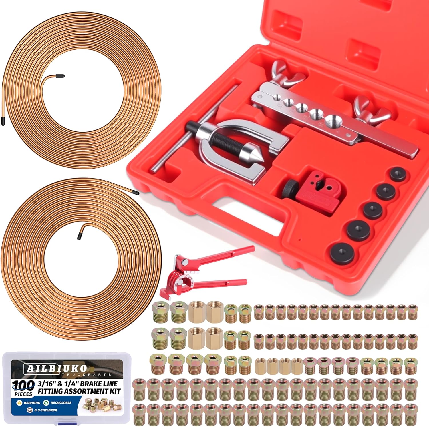 Brake Line Repair Kit - 3/16 and 1/4 Inch, 50ft Total Line, 100 Fittings, Flaring Tool