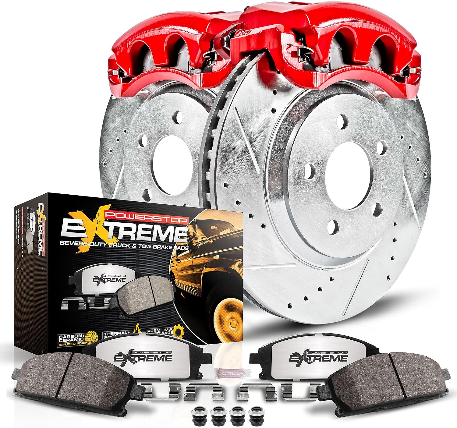 2003-2005 Dodge Ram 1500 Front Brake and Caliper Kit - Power Stop KC2167-36 Red Powder Coated Calipers + Z36 Pads + Drilled/Slotted Rotors