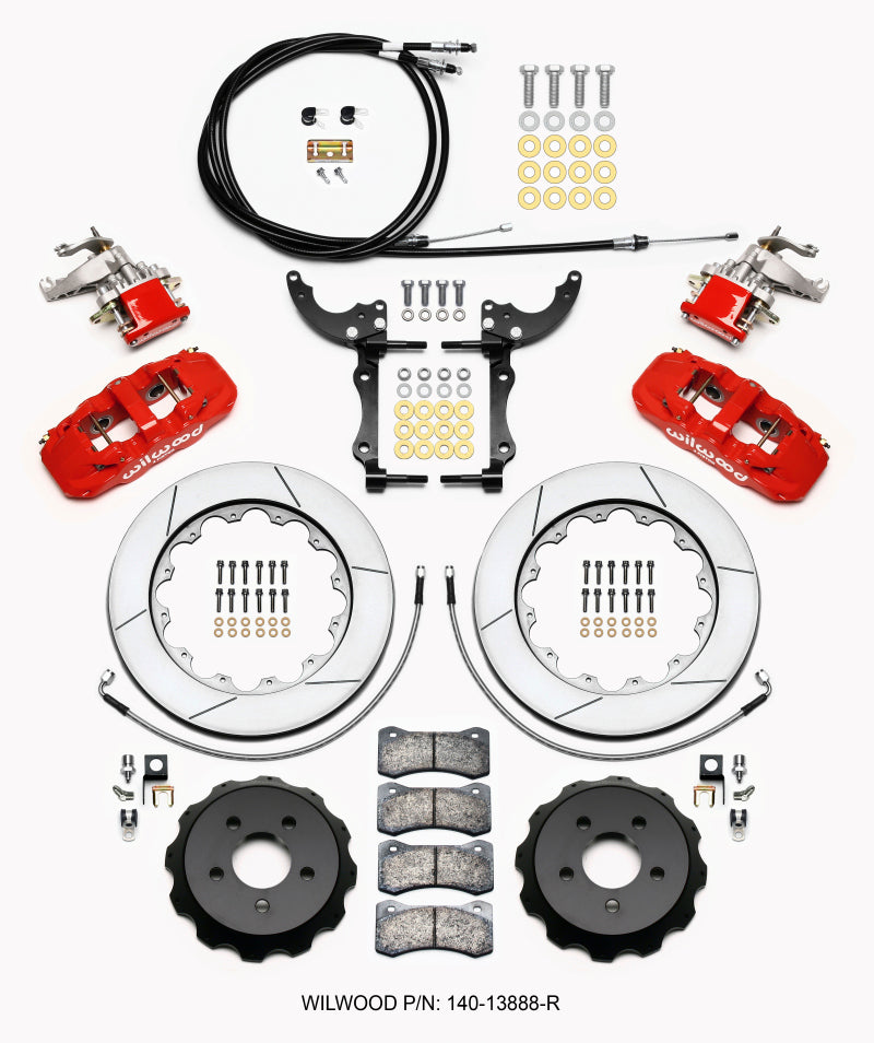 Wilwood AERO4 / MC4 Rear Big Brake Kit 14.00 Inch Rotors Red with Lines and Cables - 2015-2023 Ford Mustang