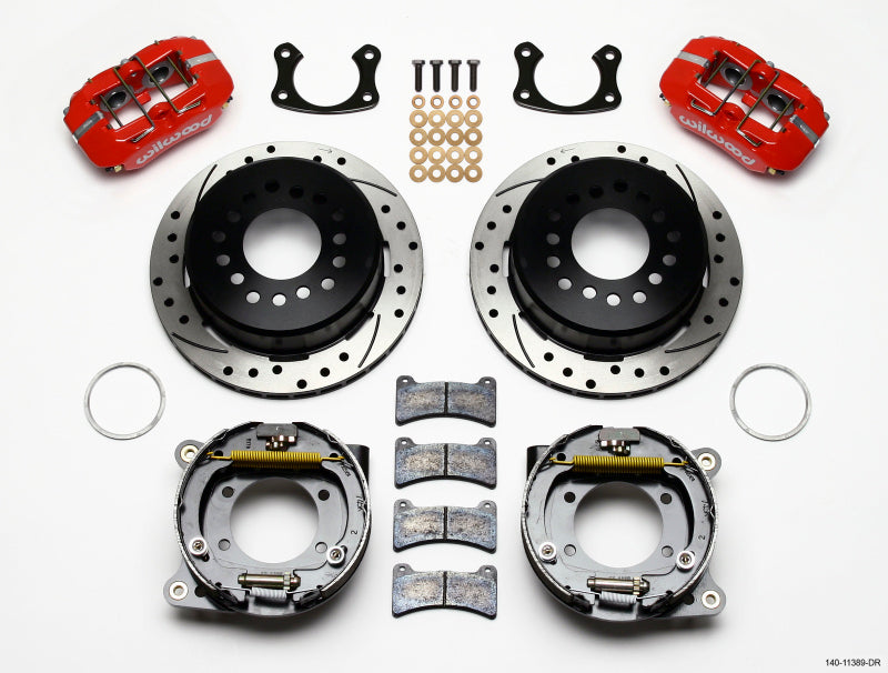 Wilwood 140-11389-DR Dynapro Low-Profile Rear Parking Brake Kit - 11.00in Drilled Rotors, Red - New Style Big Ford axles with 2.50in offset