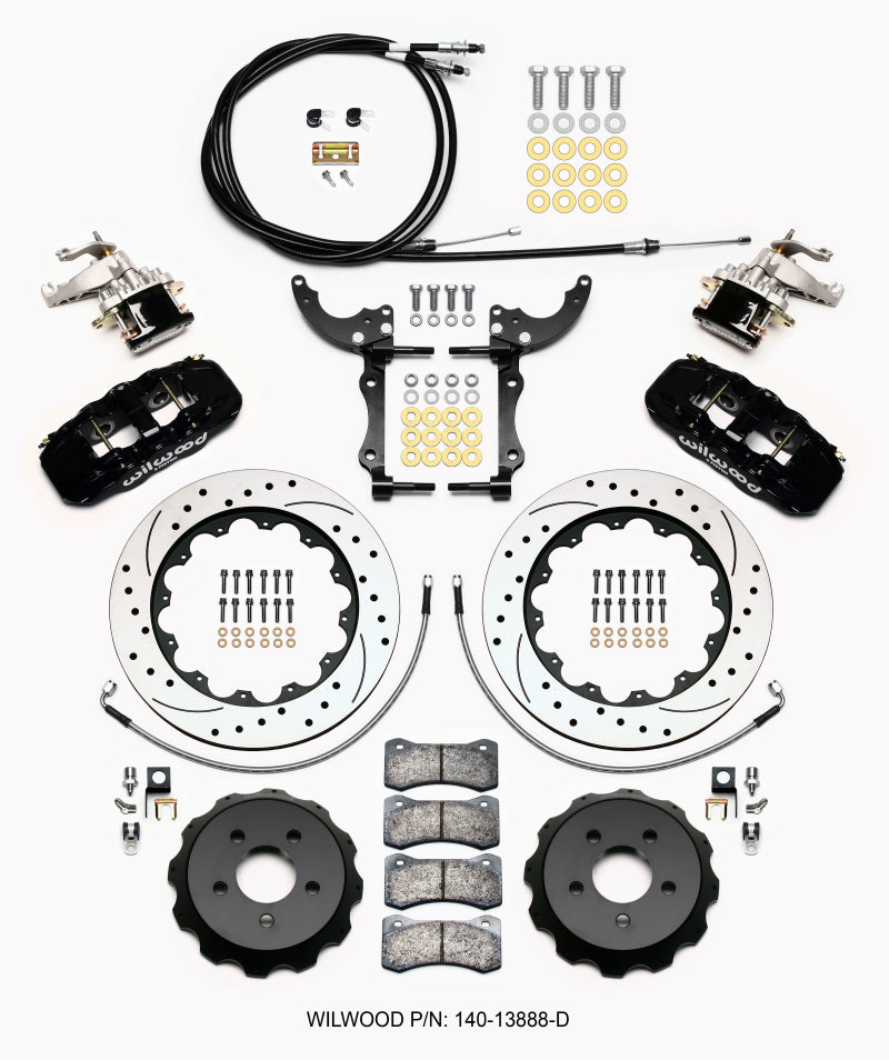 Wilwood AERO4 / MC4 Rear Big Brake Kit 14.00 Inch Drilled Rotors with Lines and Cables - 2015-2023 Ford Mustang