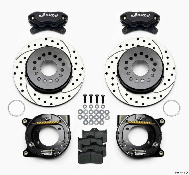 Wilwood 140-7141-D Forged Dynalite Pro Series Rear Parking Brake Kit 4-Piston 12.19 in Drilled Black - Chevy 12-Bolt Axle with C-Clips