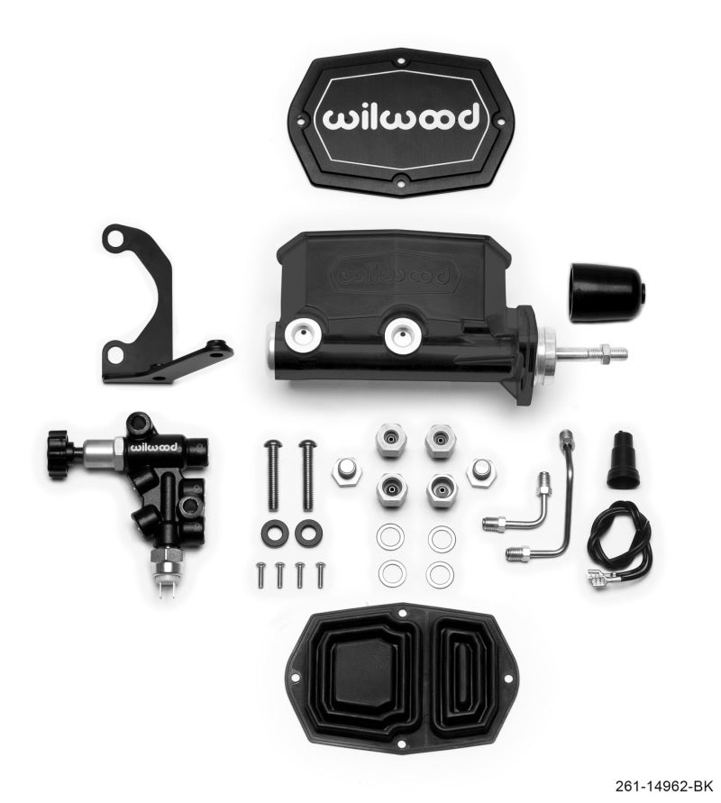 Wilwood Compact Tandem Master Cylinder 15/16in Bore with Pushrod, Bracket and Valve - Black 261-14962-BK