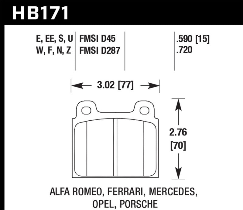 Hawk ER-1 Front Brake Pads HB171D.590 - 1987 Volkswagen Scirocco 1.8L Base