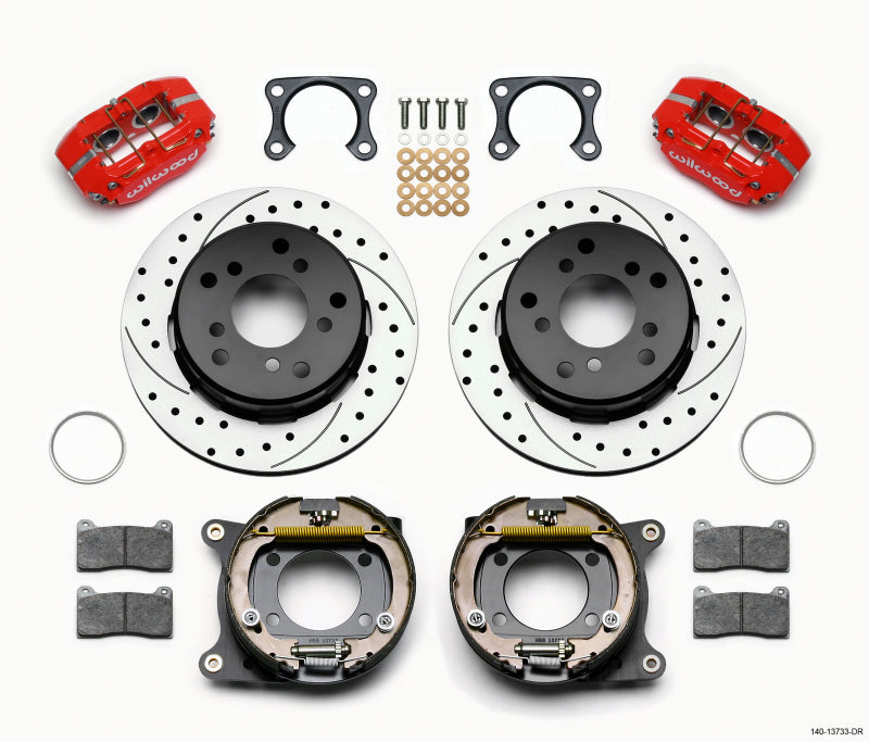 Wilwood 140-13733-DR Dynapro Lug Mount Rear Disc Brake Kit with Parking Brake 12.19 in Drilled Red - 1965-1977 Ford Bronco Big Ford Axle