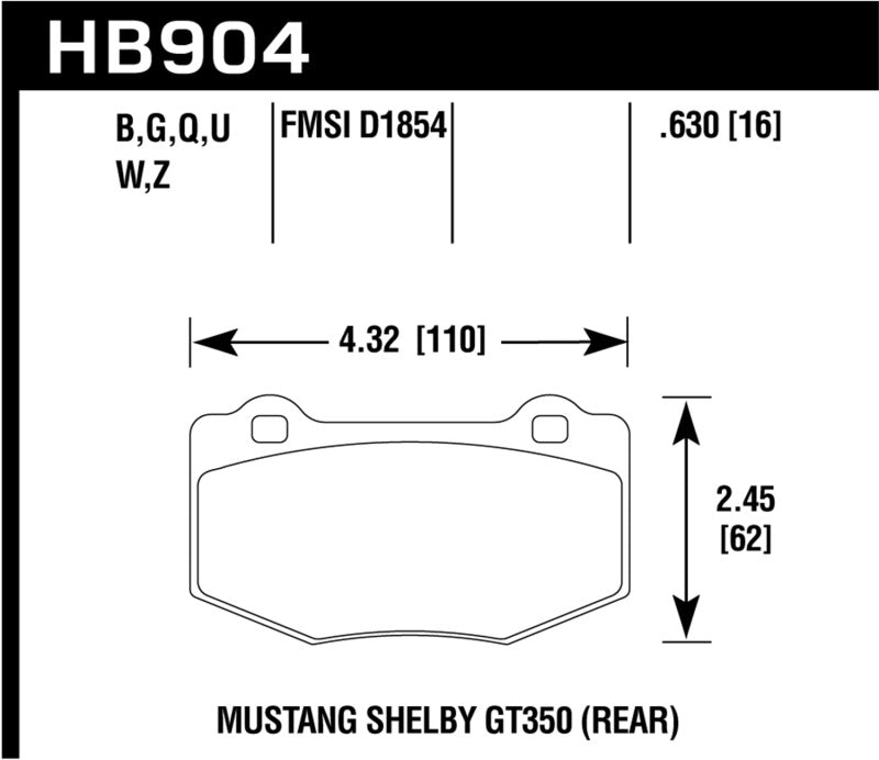 Hawk HP+ Rear Brake Pads HB904N.630 - 2015-2017 Ford Mustang Shelby GT350/GT350R
