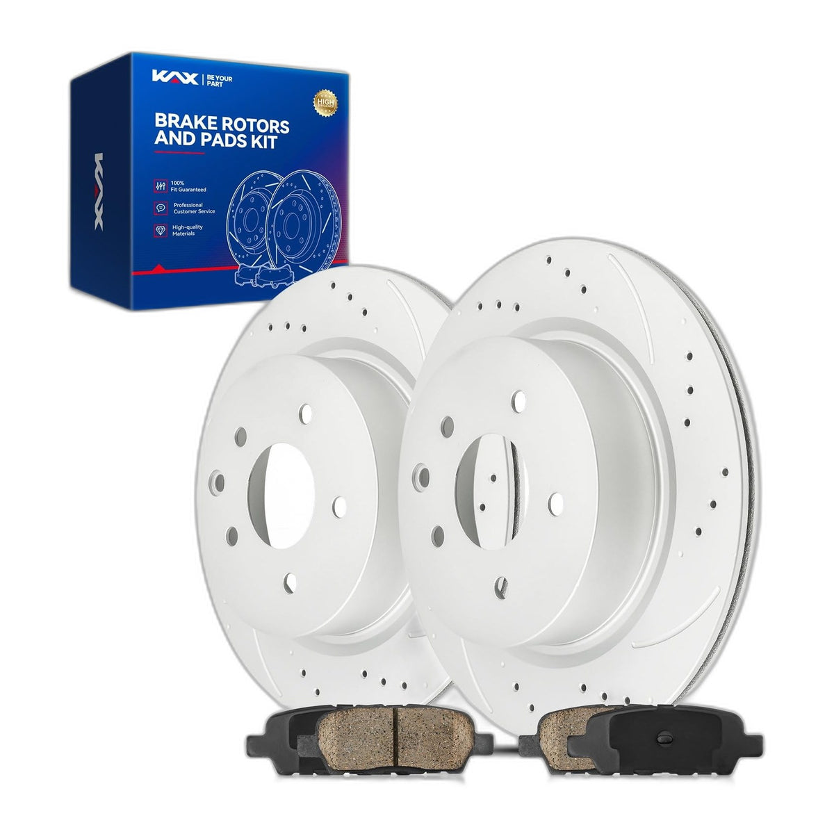 KAX Rear Brake Kit, Drilled And Slotted Brake Rotors, Ceramic Brake Pads Fits