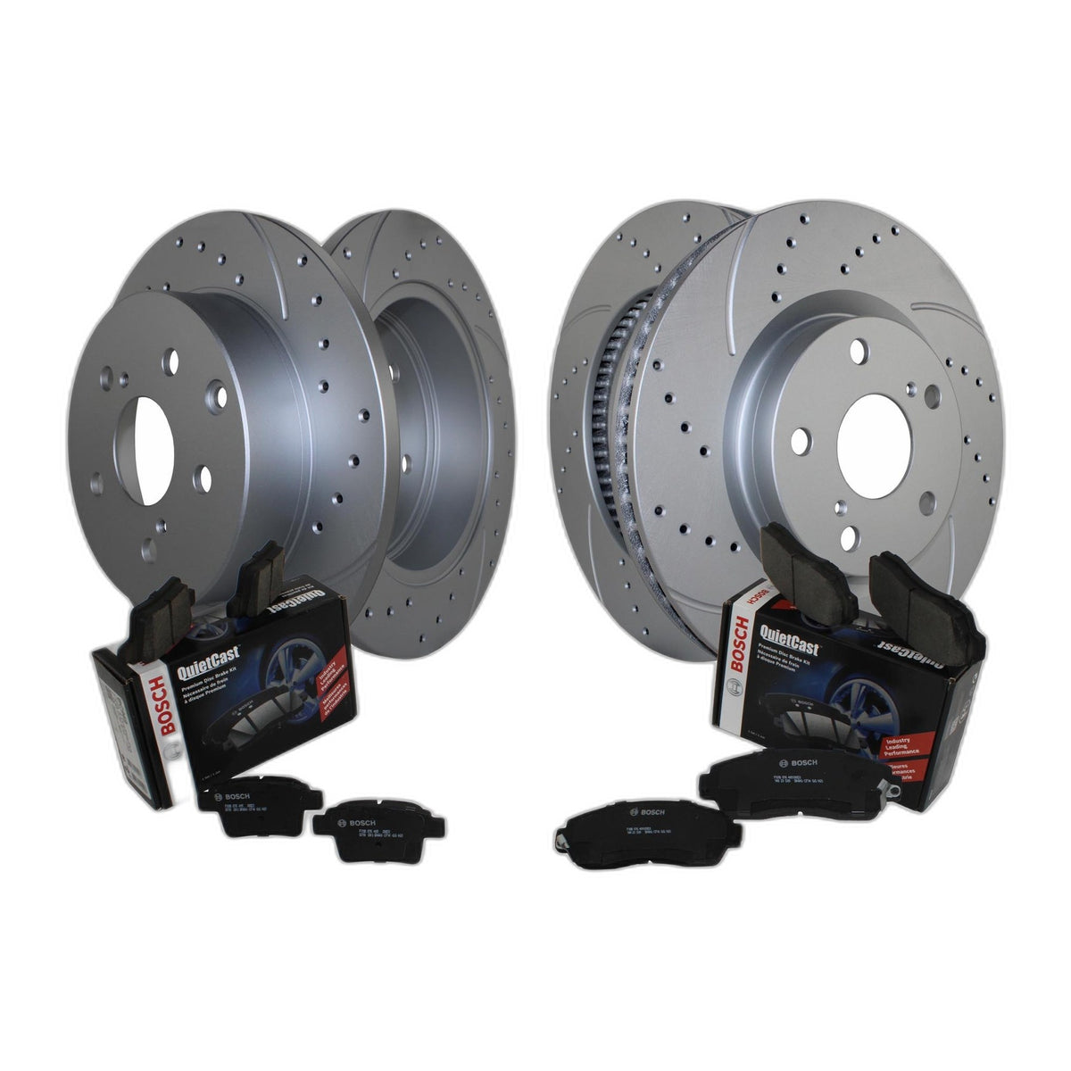 Front Rear Brake Kit Drilled Rotors Bosch QuietCast Ceramic Pads For Toyota RAV4