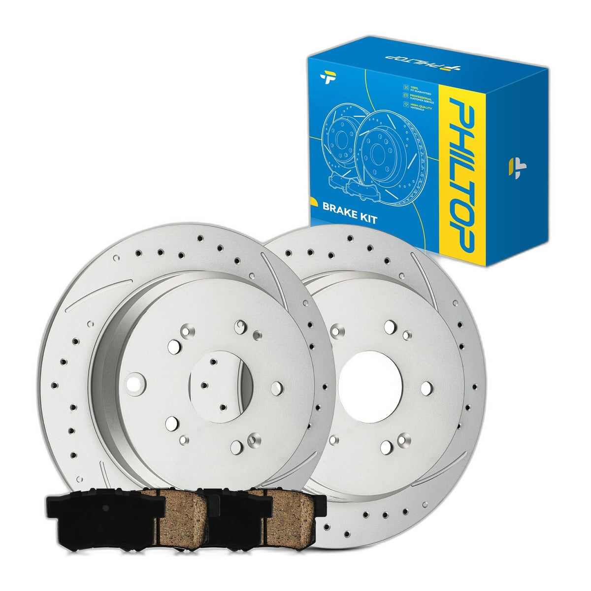 PHILTOP Rear Brake Pads And Rotors Kit, OE Drilled & Slotted Rotors And Ceramic