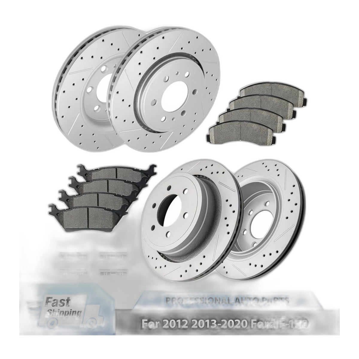 Front and Rear Brake Rotors Pads for Ford F-150 2012-2020 6-Lug Slotted Drilled