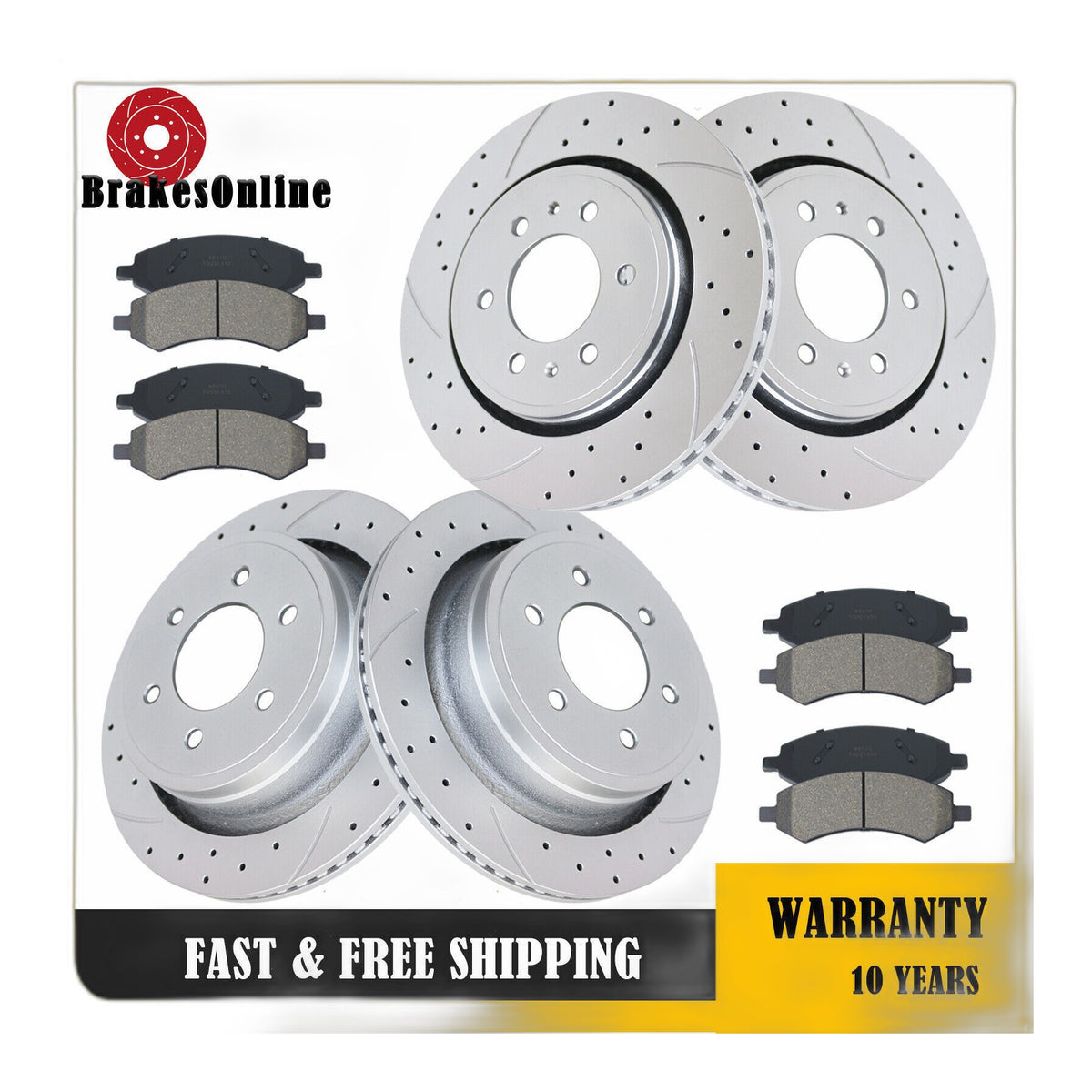 Front and Rear Brake Rotors Pads for Ford F-150 2010 2011 6 Lug Slotted Brakes