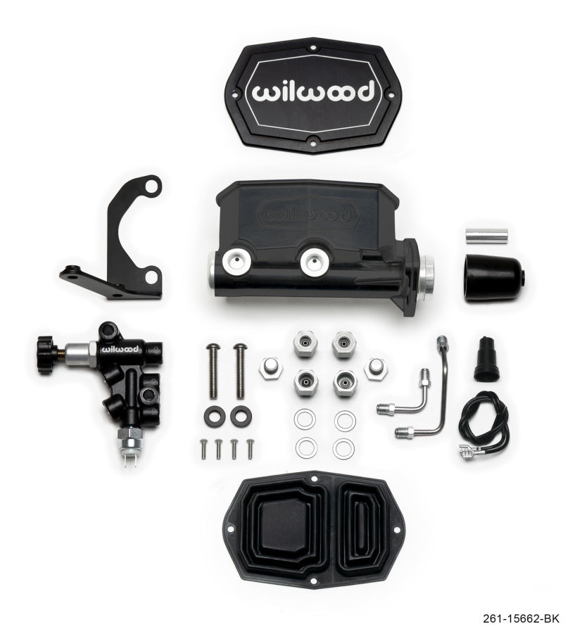 Wilwood Compact Tandem Master Cylinder 1.12in Bore with RH Bracket and Valve - Black 261-15662-BK