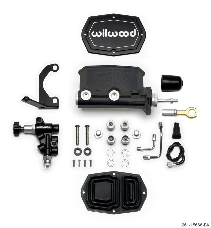 Wilwood 261-15666-BK Compact Tandem Master Cylinder, 1.12 in Bore with Right-Hand Bracket and P-Valve, Mustang Pushrod, Black