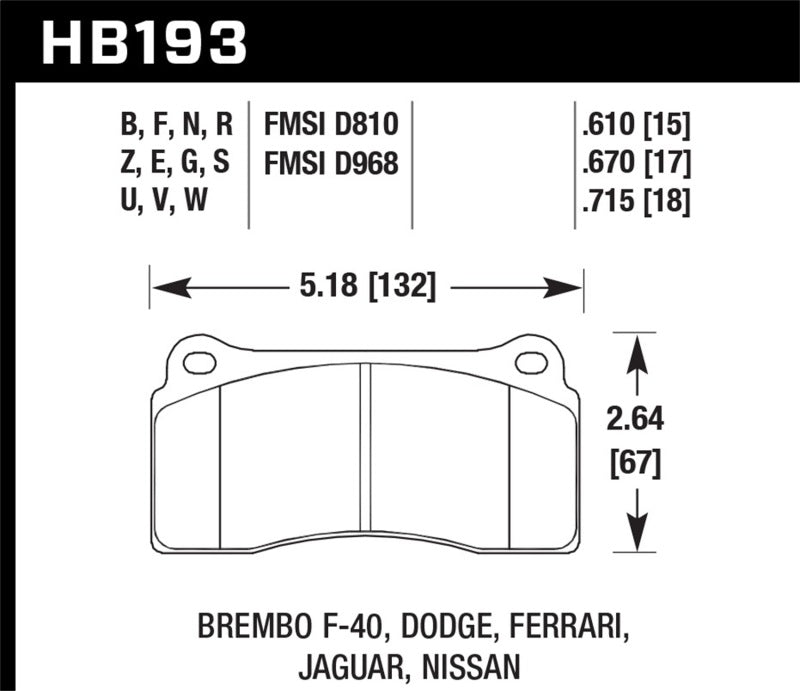 Hawk Performance HB193D.670 ER-1 Brake Pads - 2015-2017 Dodge Viper and 1988-1992 Ferrari F40